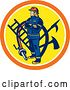 Vector Clip Art of Retro Firefighter with Tools and a Hose in an Orange White and Yellow Circle by Patrimonio