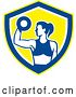 Vector Clip Art of Retro Fit Lady Doing Bicep Curls with a Dumbbell in a White Blue and Yellow Shield by Patrimonio