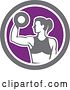 Vector Clip Art of Retro Fit Lady Doing Bicep Curls with a Dumbbell in a White Purple and Gray Circle by Patrimonio