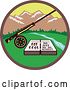 Vector Clip Art of Retro Fly Box and Rod on Wheel in a Circle with a River and Mountains by Patrimonio