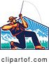 Vector Clip Art of Retro Fly Fisher Man Casting and Reeling over Mountains by Patrimonio
