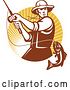 Vector Clip Art of Retro Fly Fisher Man Reeling in a Largemouth Bass Fish in a Circle of Rays by Patrimonio