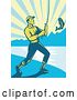 Vector Clip Art of Retro Fly Fisher Man Reeling in a Largemouth Bass on a Beach by Patrimonio