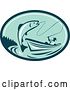 Vector Clip Art of Retro Fly Fisher Man Reeling in a Trout or Salmon Fish from a Boat in a Teal and Green Oval by Patrimonio
