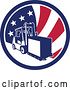 Vector Clip Art of Retro Forklift Moving a Box in an American Flag Circle by Patrimonio