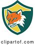 Vector Clip Art of Retro Fox Head Snarling in a Green White and Yellow Shield by Patrimonio