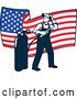 Vector Clip Art of Retro Full Length Male Welder Looking Back over His Shoulder in Front of a Wavy American Flag by Patrimonio