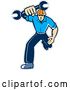 Vector Clip Art of Retro Full Length Mechanic Guy Running and Holding a Giant Spanner Wrench, with a Gray Outline by Patrimonio