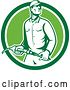 Vector Clip Art of Retro Gas Station Attendant Jockey Holding a Nozzle in a Green and White Circle by Patrimonio