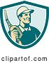 Vector Clip Art of Retro Gas Station Attendant Jockey Holding a Nozzle in a Turquoise White and Blue Shield by Patrimonio
