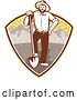 Vector Clip Art of Retro Gold Miner Guy Standing with a Shovel in a Mountain and Sunshine Shield by Patrimonio