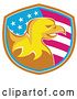 Vector Clip Art of Retro Golden Bald Eagle Head in an American Flag Shield with Brown White and Blue Trim by Patrimonio