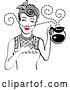 Vector Clip Art of Retro Gray Haired Waitress or Housewife Smelling the Aroma of Fresh Hot Coffee in a Pot by Andy Nortnik