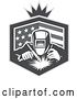 Vector Clip Art of Retro Grayscale Welder Working in an American Flag Shield with a Crown by Patrimonio