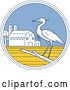 Vector Clip Art of Retro Great Blue Heron Bird on a Branch in a Circle with a Barn and Silo by Patrimonio
