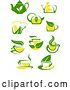 Vector Clip Art of Retro Green and Yellow Tea Cups and Pots with Leaves 3 by Vector Tradition SM