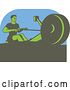Vector Clip Art of Retro Green Guy Working out on a Rowing Machine, over Blue by Patrimonio