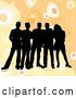 Vector Clip Art of Retro Group of Five Black Silhouetted Friends Standing over a Orange Background with Circles by KJ Pargeter