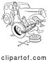 Vector Clip Art of Retro Guy and Lady Struggling with Changing a Car Tire by Picsburg