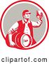 Vector Clip Art of Retro Guy Carrying a Beer Keg and Holding up a Mug of Beer in a Red White and Taupe Circle by Patrimonio