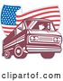 Vector Clip Art of Retro Guy Driving a Van and Wavy American Flag Logo by Patrimonio