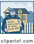 Vector Clip Art of Retro Guy Holding a House Foreclosed by Bank, Need Money Sign by His Home by Patrimonio