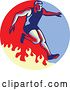 Vector Clip Art of Retro Guy Jumping over a Fire in an Obstacle Race Inside a Blue Red and Tan Circle by Patrimonio