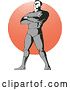 Vector Clip Art of Retro Halftone Male Superhero Standing over a Halftone Circle by Patrimonio