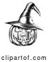 Vector Clip Art of Retro Halloween Woodcut Jackolantern Pumpkin Wearing a Witch Hat 2 by AtStockIllustration