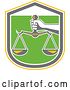 Vector Clip Art of Retro Hand Holding Scales of Justice in a Yellow White Gray and Green Shield by Patrimonio