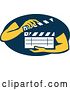 Vector Clip Art of Retro Hands Holding a Clapperboard in a Navy Blue Oval by Patrimonio