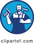 Vector Clip Art of Retro Handy Guy Holding a Paint Roller and a Cordless Drill in a Blue Circle by Patrimonio