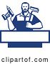 Vector Clip Art of Retro Handy Guy Holding a Paint Roller and a Cordless Drill over a Blue and White Frame by Patrimonio