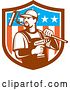 Vector Clip Art of Retro Handyman Holding a Paint Roller over His Shoulder and a Cordless Drill in Hand, Emerging from an American Themed Shield by Patrimonio