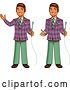 Vector Clip Art of Retro Happy Cartoon Male Game Show Host Shown Holding a Microphone, Gesturing and Presenting by Clip Art Mascots
