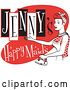Vector Clip Art of Retro Happy Redhaired Lady in an Apron, Ironing Clothes on a Jenny's Happy Maids Advertisement by Andy Nortnik