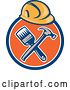Vector Clip Art of Retro Hardhat over a Crossed Hammer and Paintbrush in a Blue White and Orange Circle by Patrimonio