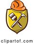 Vector Clip Art of Retro Hardhat over a Shield with a Paintbrush and Hammer by Patrimonio