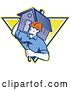 Vector Clip Art of Retro Home Builder with a Hammer, Carrying a House over a Triangle of Rays by Patrimonio