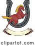 Vector Clip Art of Retro Horse Leaping over a Horseshoe and Banner by Patrimonio