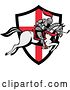Vector Clip Art of Retro Horseback Knight Leaping over an English Flag Shield with a Golf Club in Hand by Patrimonio