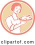Vector Clip Art of Retro Housewife Holding a Roasted Chicken on a Plate in a Pink White and Tan Circle by Patrimonio