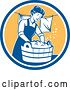 Vector Clip Art of Retro Housewife Lady Doing Laundry in a Blue White and Yellow Circle by Patrimonio