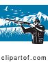 Vector Clip Art of Retro Hunter Holding a Rifle and Aiming at Geese in the Mountains by Patrimonio