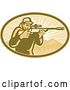 Vector Clip Art of Retro Hunter Looking Through a Rifle Scope in an Oval of Mountains and Rays by Patrimonio