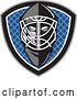 Vector Clip Art of Retro Ice Hockey Goalie Helmet over a Net in a Gray Black White and Blue Shield by Patrimonio