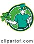 Vector Clip Art of Retro Irish Rugby Player with a Ball and Shamrock in a Green and White Circle by Patrimonio