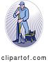 Vector Clip Art of Retro Janitor Using a Mop in a Ray Oval by Patrimonio