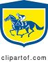 Vector Clip Art of Retro Jockey Racing a Horse in a Blue White and Yellow Shield by Patrimonio