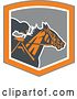 Vector Clip Art of Retro Jockey Racing a Horse in a Gray and Orange Shield by Patrimonio